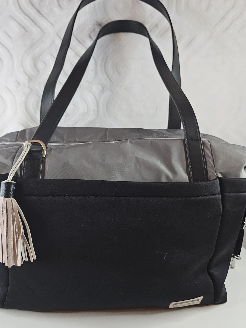 Skip Hop Black and Gray Diaper Tote with Tassel Accent